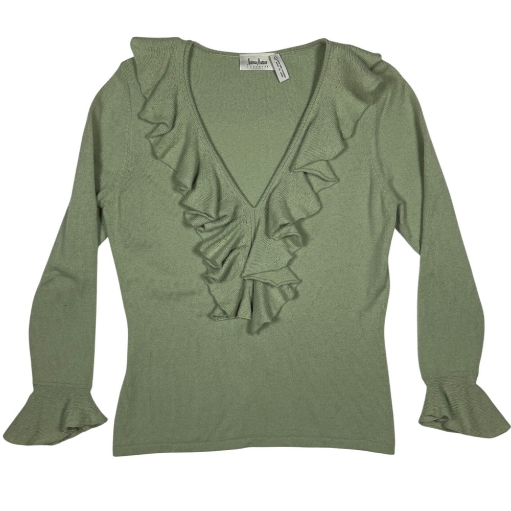 Neiman Marcus Cashmere Sage Green Ruffle V-Neck Sweater, Size Large